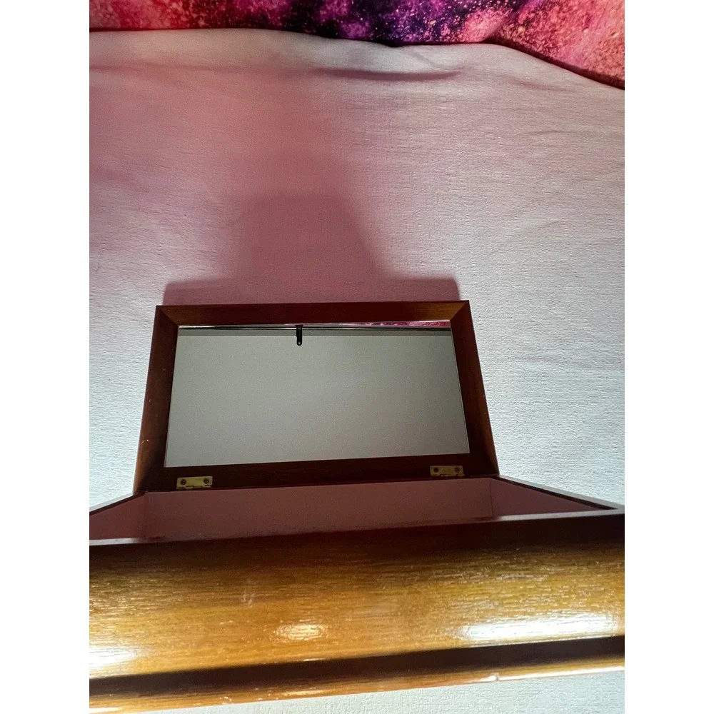 Vintage 1970s Floral Tapestry Jewelry Box Wood Mirrored Vanity Keepsake Box